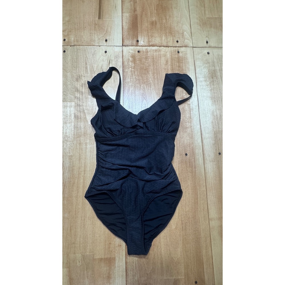 Niptuck Swim Black Textured One Piece Swimsuit Ruffle V-Neck Tummy Control US 4